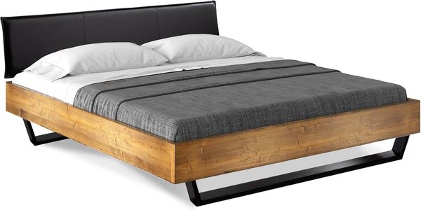 Möbel-Eins CURBY Kufenbett mit Polster-Kopfteil, Material Massivholz, rustikale Altholzoptik, Fichte, Kufen schwarz vintage 160x200 cm Kunstleder Schwarz ohne Steppung