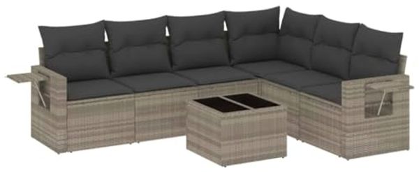 vidaXL 7-tlg. Garten-Sofagarnitur mit Kissen Hellgrau Poly Rattan 3252559