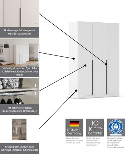 Rauch Möbel Alabama, Kleiderschrank, Garderobenschrank, 6-türig, Zubehör Basic, 3 Kleiderstangen, 3 Einlegeböden, Farbe Hochglanz Weiß/Eiche Artisan, Holz, Griff Grau metallic, 271 x 210 x 54 cm Bild 4
