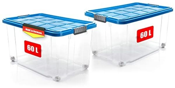 BigDean 2 Stück 60 L Aufbewahrungsbox mit Deckel groß azurblau - stapelbare robuste Box - rollbare Stapelbox mit festen Klickverschlüssen - Made in Germany