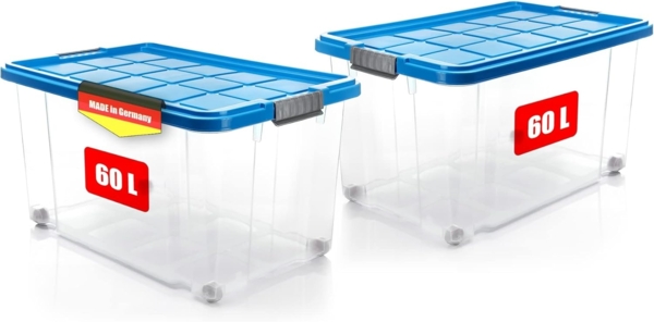 BigDean 2 Stück 60 L Aufbewahrungsbox mit Deckel groß azurblau - stapelbare robuste Box - rollbare Stapelbox mit festen Klickverschlüssen - Made in Germany