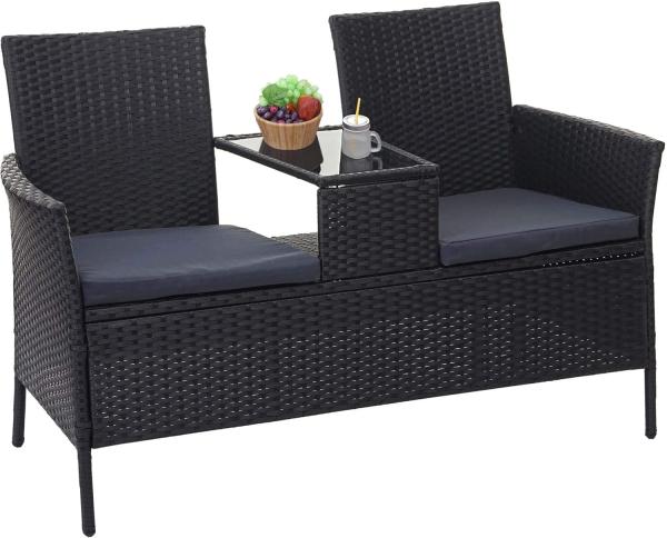 Poly-Rattan Sitzbank mit Tisch HWC-E24, Gartenbank Sitzgruppe Gartensofa, 132cm ~ schwarz, Kissen dunkelgrau