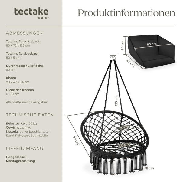 tectake Hängesessel Grazia, mit Sitz- und Rückenpolster Bild 6