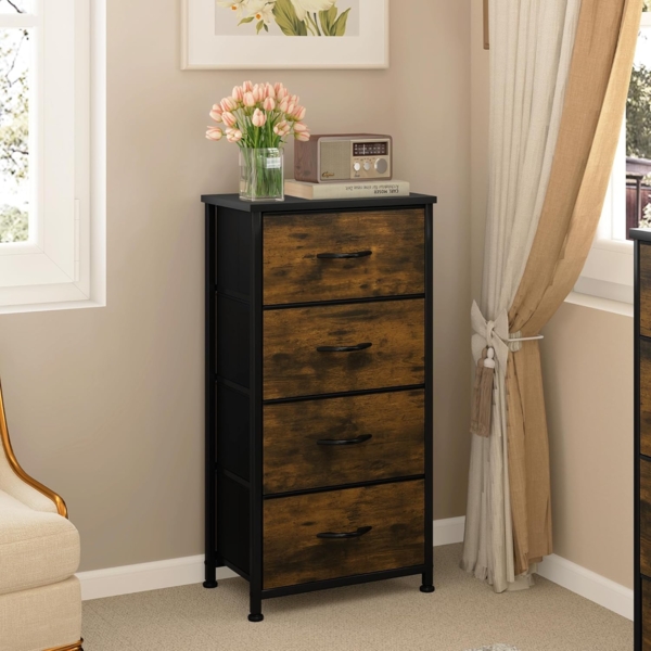 YITAHOME Kommode,Kommode mit 4 Schubladen,Schrank,Stoffschubladen mit Griffen,Metallgestell,Dauerhaft,Rustikal Braun Bild 4