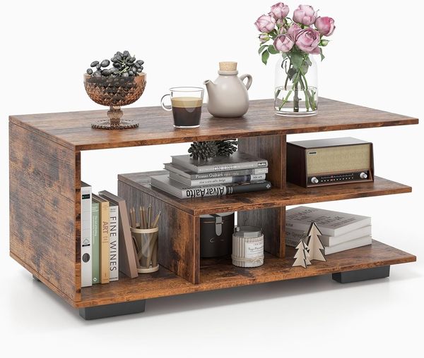 FANTASK Couchtisch mit offenen Ablagen, Sofatisch Holz mit L-förmiger Mittelablage, 3-stufiger geometrischer Wohnzimmertisch für Wohnzimmer, Empfangsraum, 90 x 50 x 42 cm (Rustikales Braun)