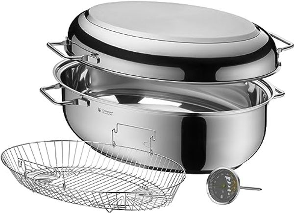 WMF Bräter, Cromargan Edelstahl rostfrei 18/10 (1-tlg, Bräter oval, Induktionsdeckel, Bräter-Einsatz, Bratenthermomter), multifuktionaler Deckel, backofengeeignet, tropffreies Ausgießen
