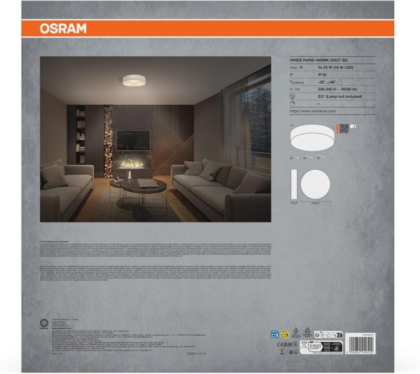 Osram ORBIS PARIS Deckenleuchte 480mm, beige, 3XE27-Sockel, kann mit smarter Lampe bestückt werden, hochwertiges, modernes Design, mit Stoffschirm, geeignet für Innenräume, rund, IP20 Schutzklasse Bild 5
