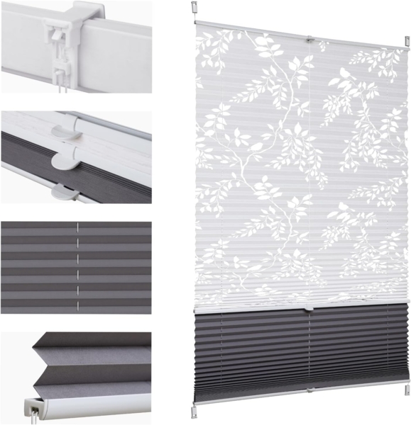 Sekey Plissee Doppelplissee Day+Night Verdunkelung ohne Bohren verspannt Lichtschutz Klemmfix Lichtdurchlässig Ausbrenner-Muster 90x200 cm Druck & Grau