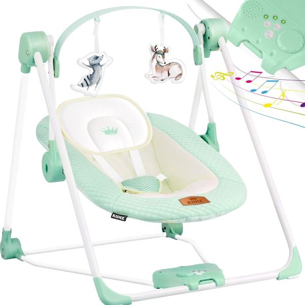 KIDIZ® Babywippe Babyschaukel mit 5 Geschwindigkeitseinstellungen zusammenklappbarer Baby Wippe Schaukel Babyhochstuhl mit Spielbogen Spielzeugen 5 beruhigende Naturgeräusche neugeborene Mint Grün