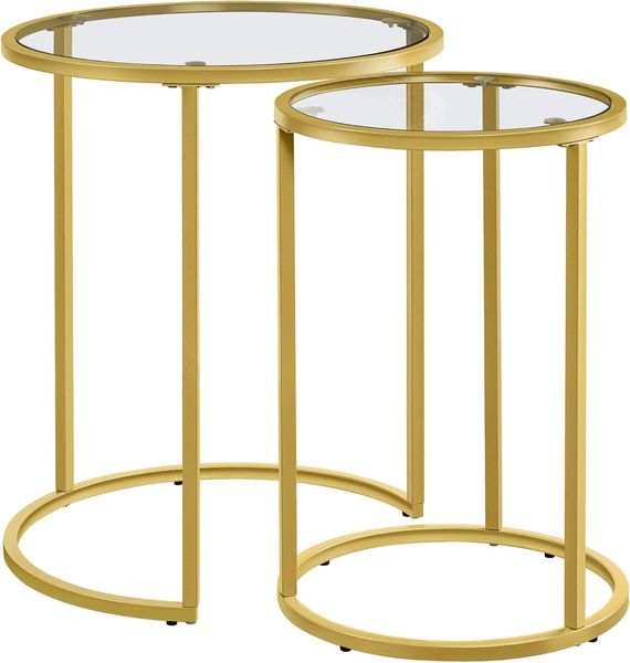 Yaheetech Satztische rund, 2er Set Beistelltisch, Couchtisch Glas, für Wohnzimmer, modernes Design, Metallgestell senf Gold, 49,5 x 49,5 x 59 cm