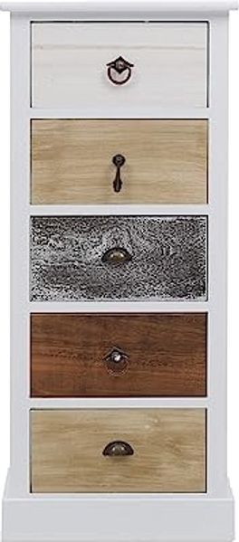 Rebecca Mobili Kommode in Weiß Braun Grau, Kleiner Schrank, mit 5 Schubladen, Paulownienholz, Retro-Stil, als Einrichtung für Schlafzimmer Flur – Maße: 84 x 37 x 27 cm (HxLxB) – Art. RE4157