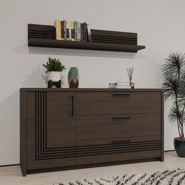 Forte EUFEMIUS Kommode 160, moderne Kommode mit dekorativer Fräsung, 1-türig, 3 Schubladen, Dunkelbraun|Schwarz Eiche Holzdekor, 161,5 cm breit x 86,3 cm hoch x 41,6 cm tief