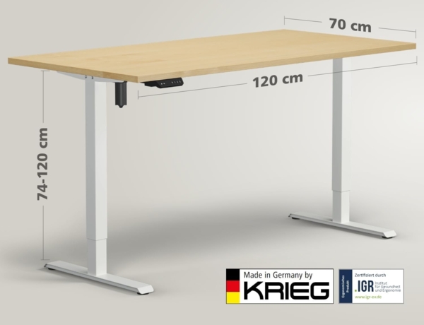 HighDesk SMART Höhenverstellbarer Schreibtisch (Weiß + Ahorn I 120x70 cm) - Elektrischer Sitz- & Stehtisch mit Tischplatte - Stehschreibtisch Elektrisch Höhenverstellbar - von Krieg Bild 2