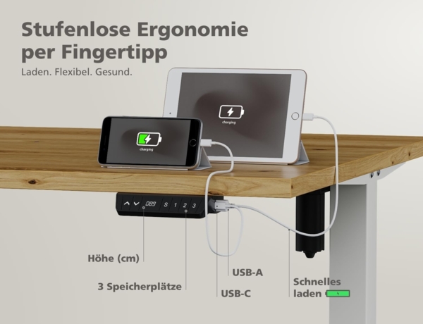 HighDesk SMART Höhenverstellbarer Schreibtisch (Weiß + Ahorn I 120x70 cm) - Elektrischer Sitz- & Stehtisch mit Tischplatte - Stehschreibtisch Elektrisch Höhenverstellbar - von Krieg Bild 3