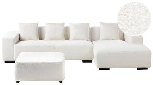 Ecksofa 4-Sitzer LUNGO Bouclé Weiß mit Ottomane linksseitig