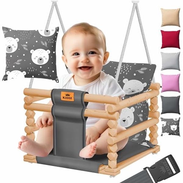 KIDIZ® Babyschaukel Kinderschaukel Schaukelsitz mit Polsterung | Holz-Schaukel mit Anti-Kipp bis 60KG | Höhenverstellbar Indoor & Outdoor | 0,5 - 3 Jahre | Montagezubehör & Sicherheitsgurt Anthrazit mit Muster