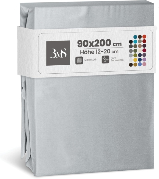 Bettwaesche-mit-Stil Mako-Satin Spannbettlaken grau 90x200 cm, Höhe 20 cm