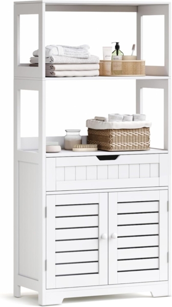 Mondeer Badkommode Badezimmerschrank (Modernes Shutter Design), mit 1 Schublade 1 Schrank 2 Offene Aufbewahrungsfächer