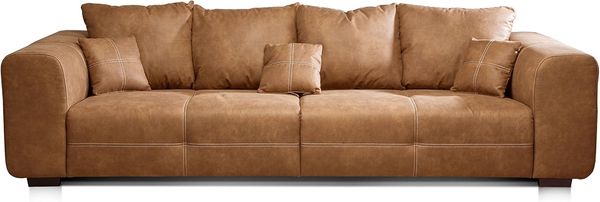 CAVADORE Big Sofa Mavericco / XXL Polstercouch im modernen Design in Lederoptik / Inklusive Rückenkissen und Zierkissen / 287 x 69 x 108 cm (BxHxT) / Mikrofaser Cognac