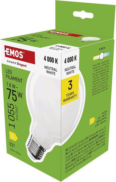 EMOS LED Lampe Edison G95, 7,8W Ersatz für 75W Glühbirne, milchige Glühlampe Globus mit E27 Sockel und Helligkeit 1055 lm, Neutralweiß 4000 K, 25000 Stunden Lebensdauer, CRI > 80, 360° Abstrahlwinkel