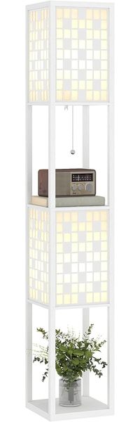 HOMCOM Stehlampe moderne Stehleuchte mit Regalen, Fußschalter und Zugkette, ohne Leuchtmittel, für Wohnzimmer, Schlafzimmer, Weiß
