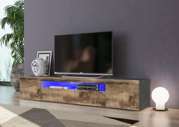 Dmora Wohnzimmer-TV-Ständer, Made in Italy, TV-Ständer im Industriestil mit 3 Türen und Regalen, cm 200x40h37, Farbe Schiefer und Ahorn, mit blauem LED-Licht