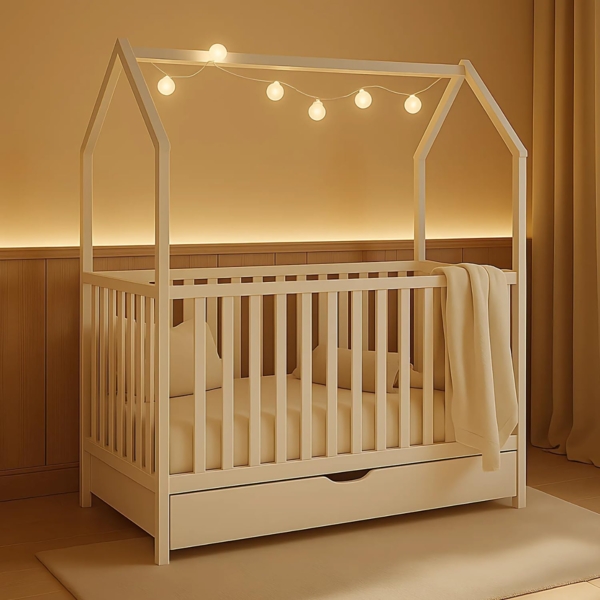 Alavya Home® Babybett ELLA 70x140 cm aus Massivholz Kiefer Weiß – Höhenverstellbar, Hausoptik, mit Schlupfsprossen & optionaler Schublade und Matratze