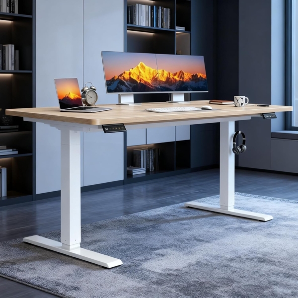 JUMMICO Höhenverstellbarer Schreibtisch, 110x60 cm, Elektrisch Schreibtisch Höhenverstellbar, Ergonomischer Steh-Computertisch, Beige Bild 5