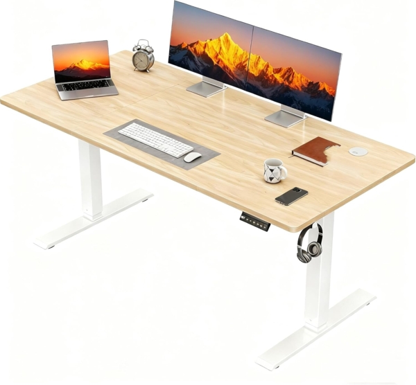JUMMICO Höhenverstellbarer Schreibtisch, 110x60 cm, Elektrisch Schreibtisch Höhenverstellbar, Ergonomischer Steh-Computertisch, Beige Bild 1