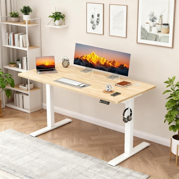 JUMMICO Höhenverstellbarer Schreibtisch, 110x60 cm, Elektrisch Schreibtisch Höhenverstellbar, Ergonomischer Steh-Computertisch, Beige Bild 2