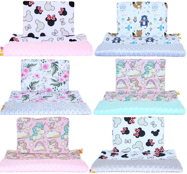 Minky Kinderwagenset -Maus Flowers Wald Einhorn - Baby Kuscheldecke Kinder Decke Kissen (Flowers + ROSA, 50x70/25x35 cm)