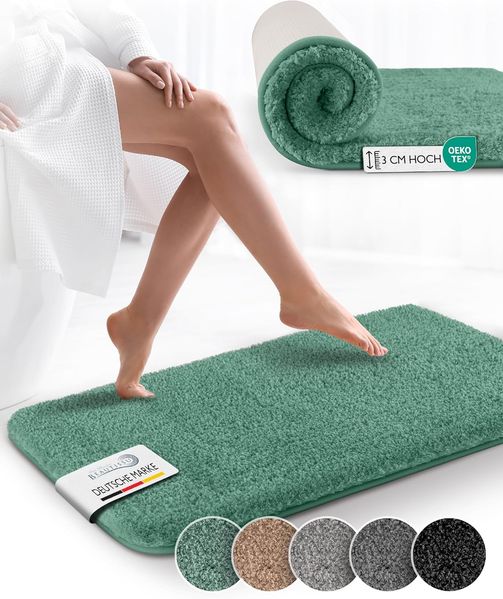 Beautissu Badematte rutschfest 120x70 cm – Duschvorleger Hochflor Badteppich rutschfest Waschbar Shaggy Optik – Flauschig Badvorleger Badezimmerteppich Groß – Badematte Mintgrün BeauMare FL