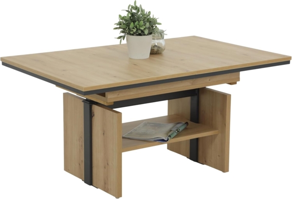 Hela Tische, Funktionscouchtisch Ingo, Holzwerkstoff melaminbeschichtet, Artisan Eiche-Dekor, ausziehbar 110-150cm, höhenverstellbar mit Lift 53-72cm