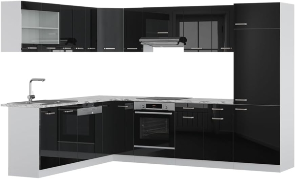 Eckküche R-Line Schwarz Hochglanz 287 x 60 cm , AP Marmor Vicco