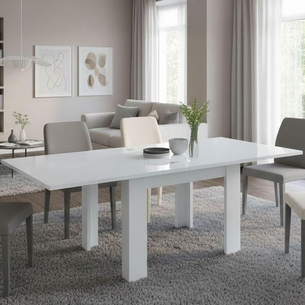 Dmora Esstisch mit Buchöffnung, Made in Italy, Hilfsküchenkonsole, Ausziehbarer Tisch, 90x90h75 cm, Farbe Weiß glänzend