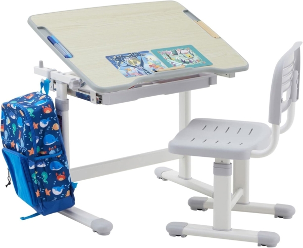 CARO-Möbel Kinderschreibtisch TUTTO, Lerntisch mit Stuhl höhenverstellbar & neigbar mit Stiftrinne eiche