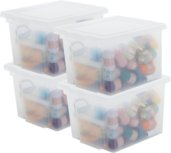 Iris Ohyama, Aufbewahrungsbox aus Kunststoff, 10-Liter-Büro-Aufbewahrungsbox, 4er-Set, DDUSB-S, transparent, stapelbar, Verschlussclips ? B29 x T24 x H18,5 cm