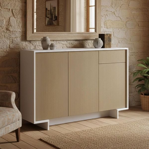 Dmora - Sideboard Aneto, Wohnzimmer-Sideboard, Wohnzimmer-Buffet mit 3 Türen und 1 Schublade, 100% Made in Italy, 134 x 35 x 87 cm, Weiß und Beige