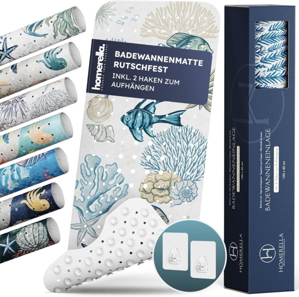Homerella Badematte rutschfest 100% BPA frei inkl. 2 Haken zum Aufhängen 100x40cm, Antirutschmatte Badewanne hautsensitiv & schimmelresistent