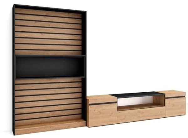 Skraut Home Wohnzimmermöbel für TV | Esstisch-Set | 210 x 186 x 35 cm | für Fernseher bis 80 Zoll | TV-Möbel | moderner Stil | Eiche und Schwarz