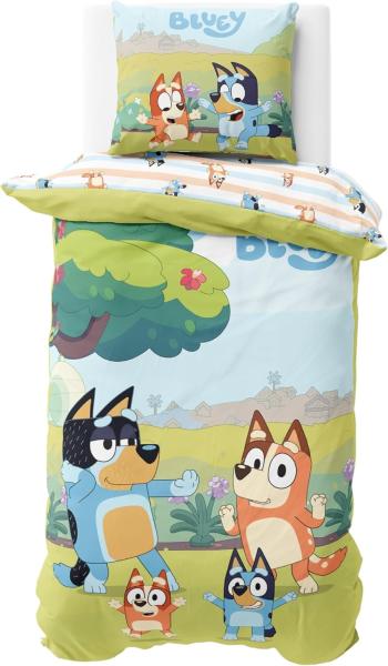 MTOnlinehandel Kinderbettwäsche Bluey Renforcé in 135x200 + 80x80 cm, Geschenkidee, 100% Baumwolle, 2 teilig, Wendebettwäsche für Mädchen und Jungen, Bingo & Bluey