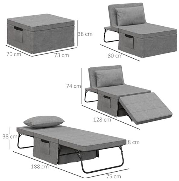 HOMCOM Gästebett 4-in-1 Einzelbett Klappbett klappbare Reisebett Ottomane mit Matratze (5-Stufen Höhenverstellbar, 1-St, mit stabilem Stahlrahmen) Grau, 188 x 75 x 38 cm Bild 3