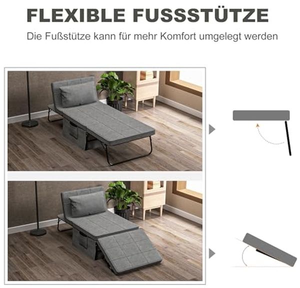 HOMCOM Gästebett 4-in-1 Einzelbett Klappbett klappbare Reisebett Ottomane mit Matratze (5-Stufen Höhenverstellbar, 1-St, mit stabilem Stahlrahmen) Grau, 188 x 75 x 38 cm Bild 6