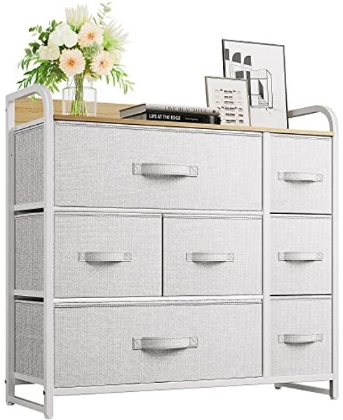 YITAHOME Kommode,Kommode mit 7 Schubladen,Schrank,Stoffschubladen mit Griffen,Metallgestell,Dauerhaft,Hellgrau