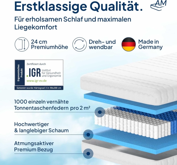 AM Qualitätsmatratzen Deluxe Taschenfederkernmatratze 150x210 cm H4 24cm - Made in Germany & Oeko TEX Siegel - Federkernmatratze 150x210 mit 1000 Federn & Lyocell Bezug - 7 Zonen Matratze 150x210 H4 Bild 3