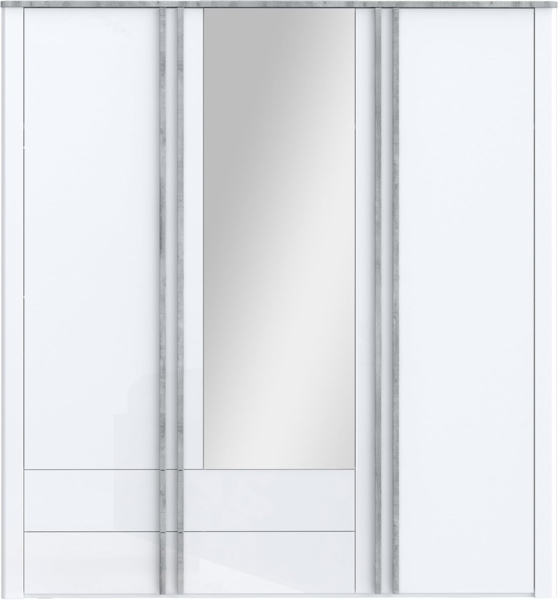 FORTE BUGANVILLA Kleiderschrank 200, moderner 2-türiger Drehtürenschrank mit Spiegel, Holzwerkstoff, Weiß mit Betonoptik, 201 cm breit, 215,6 cm hoch, 58,4 cm tief Bild 3