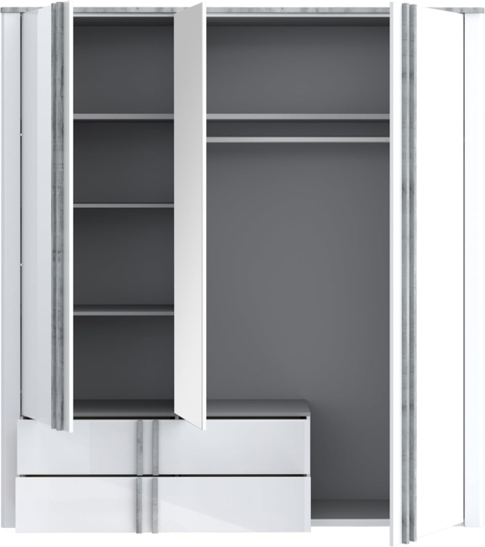 FORTE BUGANVILLA Kleiderschrank 200, moderner 2-türiger Drehtürenschrank mit Spiegel, Holzwerkstoff, Weiß mit Betonoptik, 201 cm breit, 215,6 cm hoch, 58,4 cm tief Bild 5