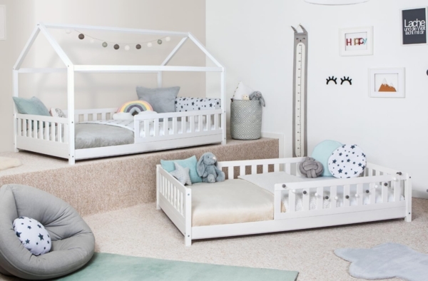 Ticaa Hausbett Duo mit Rausfallschutz aus Kiefer, Bodenbett 140x200, inkl. abnehmbarem Dach, mit Rollrost