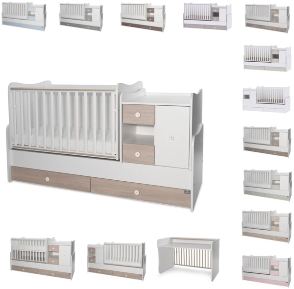 Lorelli Babybett, Jugendbett 3 in 1 Mini Max umbaubar, für 2 Kinder gleichzeitig hellbraun weiß