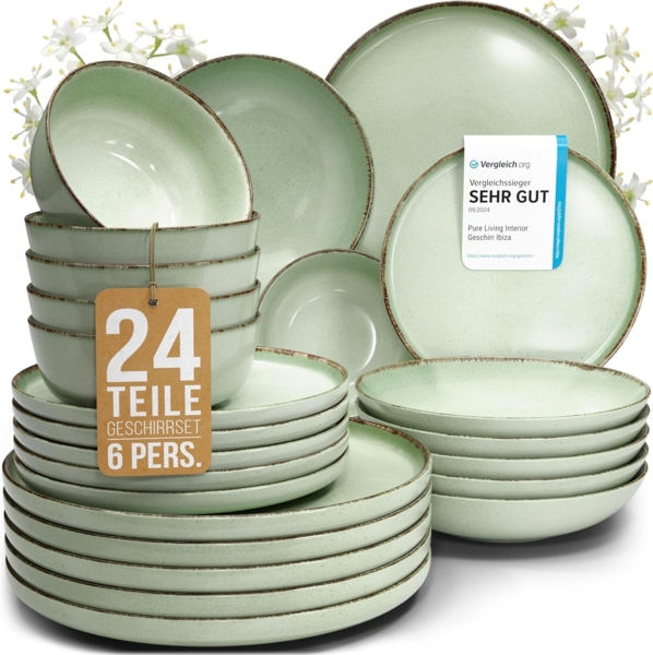 PURE LIVING INTERIOR DESIGN Geschirr-Set 6 Pers. Rustic - 24-tlg Geschirrset - Hochwertiges Landhausstil (24-tlg), 6 Personen, Steingut, Geschirr Set - Schüssel- und Teller Set - Tafelservice 6 Pers.